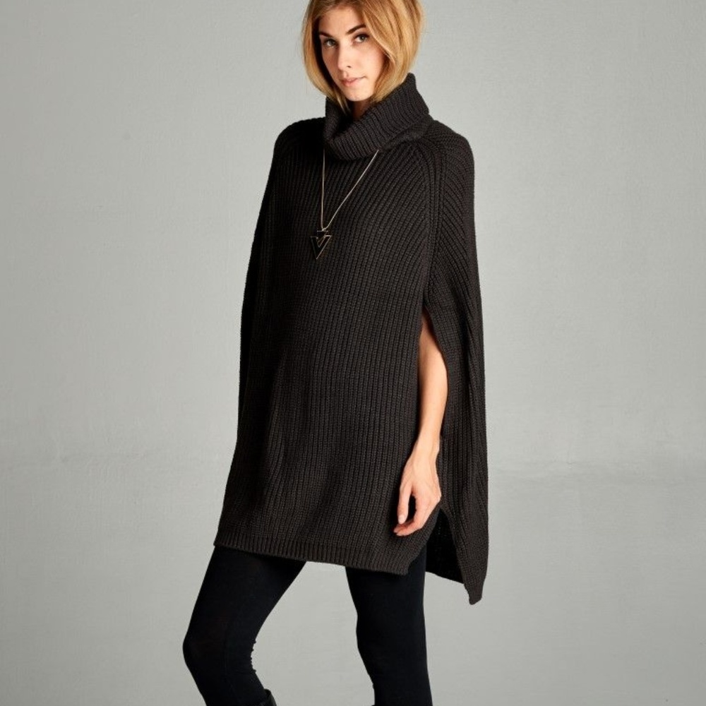 Cable Knit Cowl Neck Cape Sweater Grey